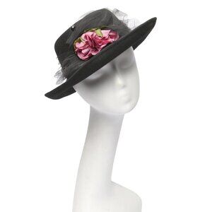 Vintage Wool Felt Kettle Brim Hat Black Retro Netting Bow Flower Pin Structured